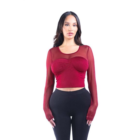 Women's Mesh Long Sleeve Blouse Top Scoop Neck Cropped Style Open Back Comfy - Picture 2 of 9